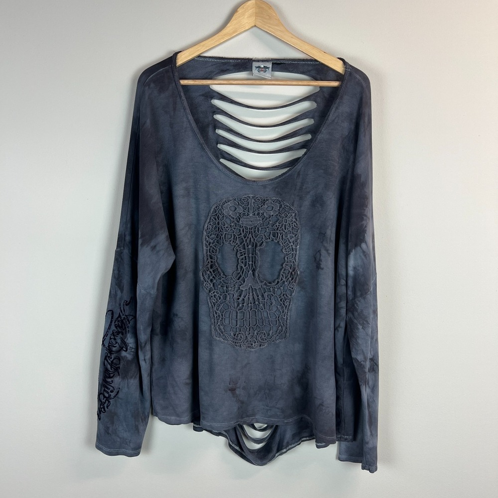 Harley Davidson Top Womens 1X Gray Crochet Lace Skull Distressed Cutout Tie Dye